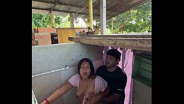 Hot stepsister calls husband's cousin from the bathroom to have sex with her