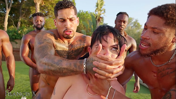 Outdoor Gangbang 9 Guys Fuck Latina Slut in Lingerie with Anal and DP